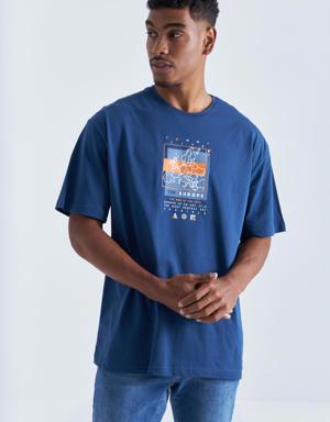İndigo Baskı Detaylı O Yaka Erkek Oversize T-Shirt - 88094