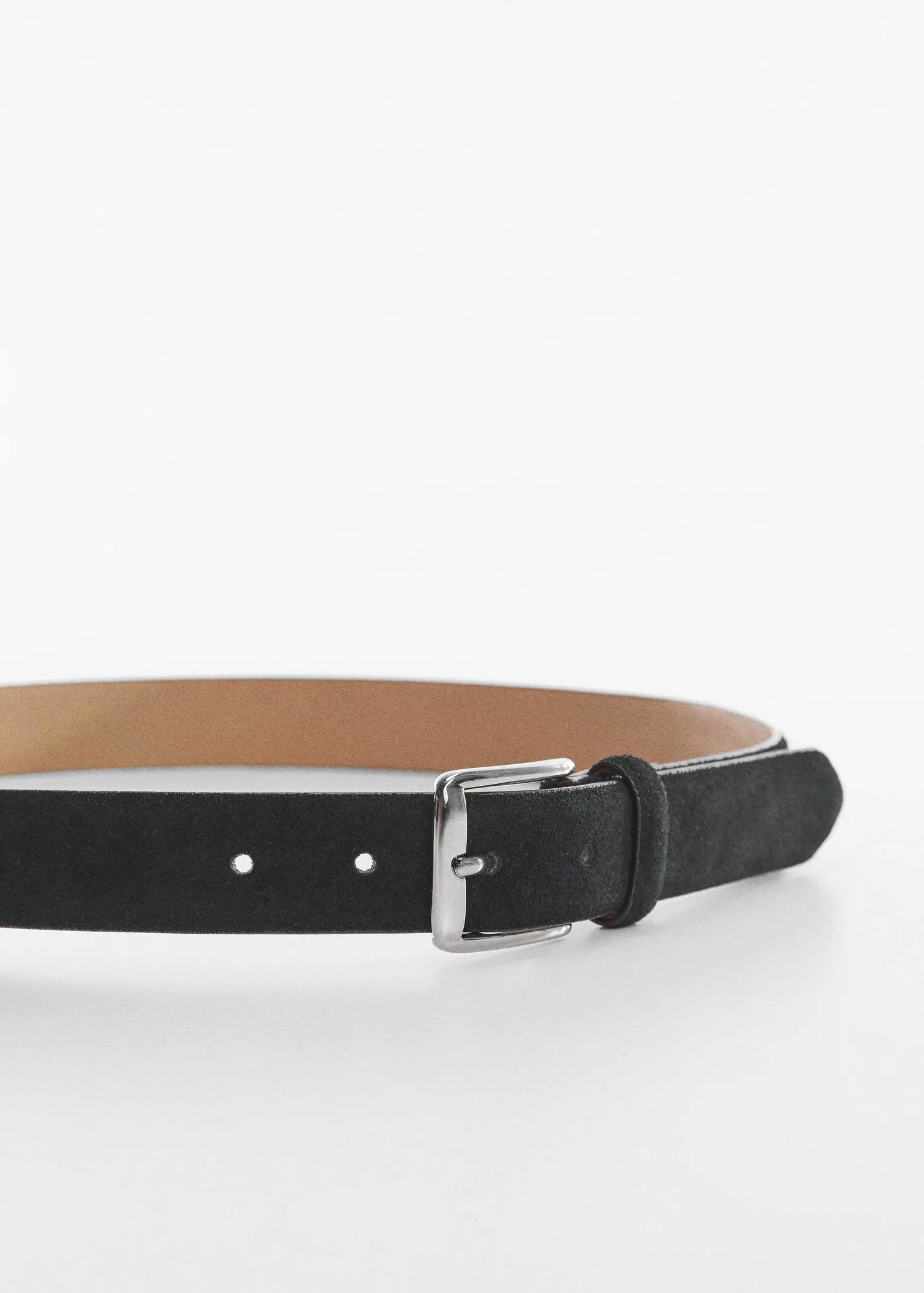 Mango Suede belt. a close-up of a black belt with a silver buckle. 