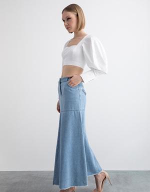 High Waist Midi Length Denim Skirt With Contrast Stitching Detail
