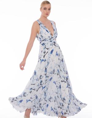 V-Neck Pleated Floral Patterned Chiffon Blue Wedding Dress