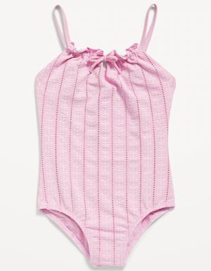 Textured-Eyelet Cinch-Tie One-Piece Swimsuit for Girls pink