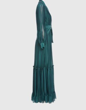 V Neck Pleated Detailed Green Long Evening Dress