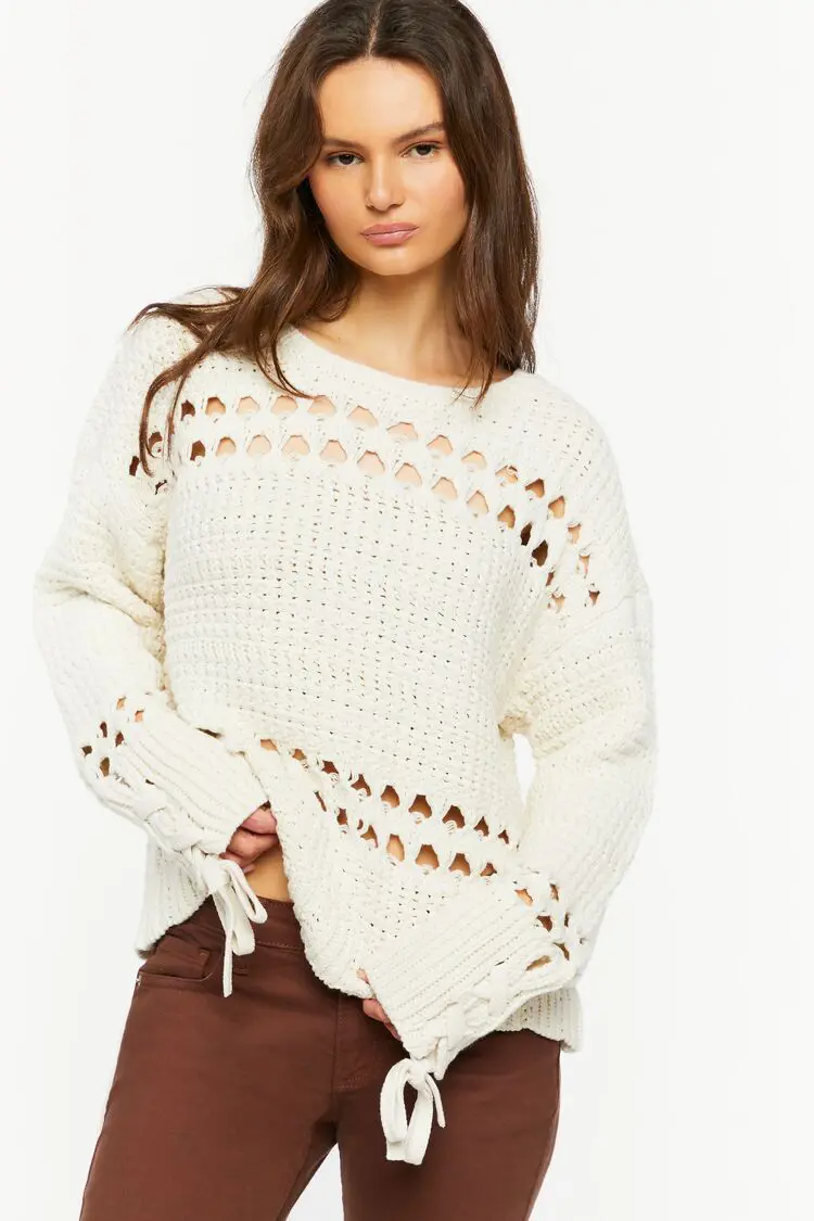 Forever 21 Forever 21 Pointelle Lace Up Cutout Sweater Cream. 1