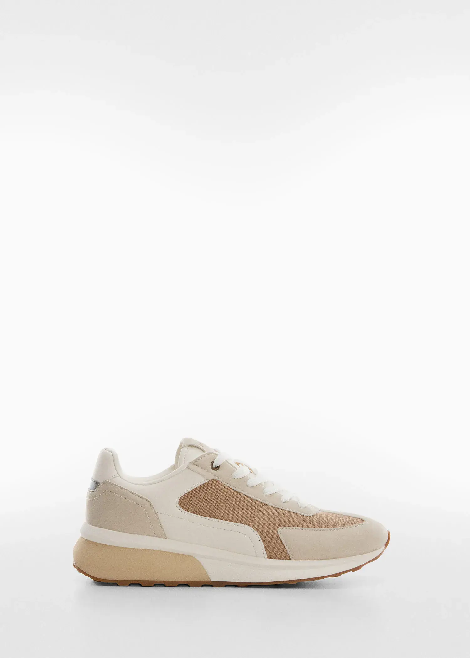 Mango Leather mixed sneakers. a pair of shoes that are white and tan. 