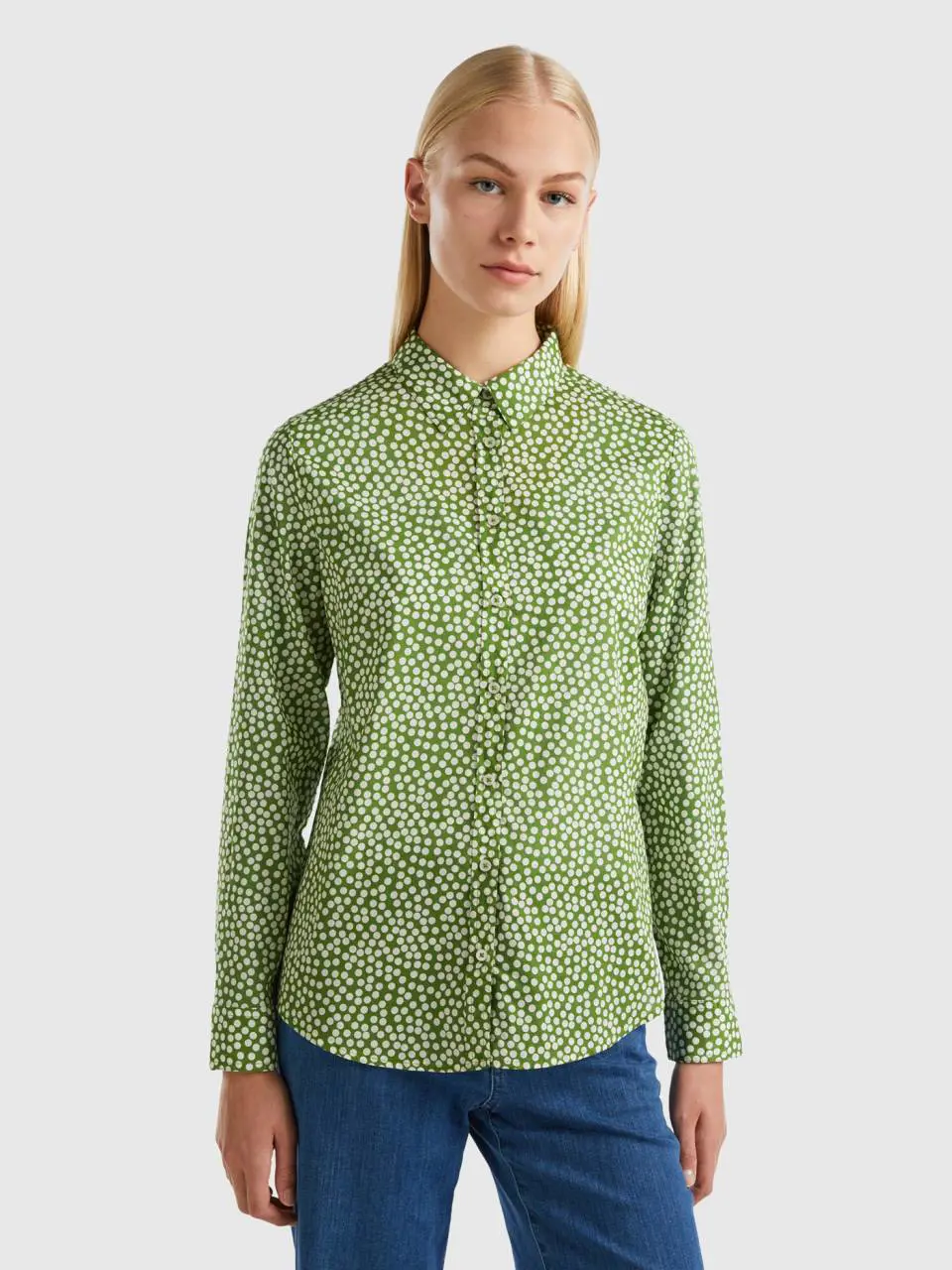 Benetton green shirt with white polka dots. 1
