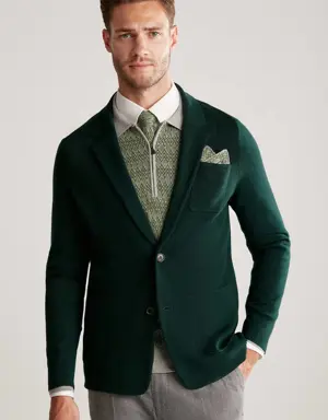Koyu Yeşil Extrafine Merino Triko Blazer Ceket