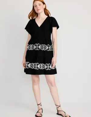 Matching Embroidered Flutter-Sleeve Mini Swing Dress for Women black