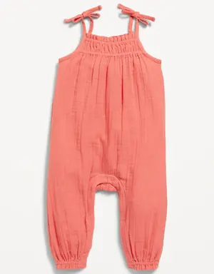 Sleeveless Tie-Knot Double-Weave Jumpsuit for Baby orange