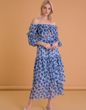 Floral Patterned Ruffle Blue Long Skirt
