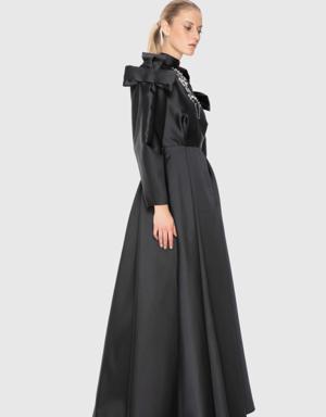 Embroidered Bow Detailed Long Black Evening Dress