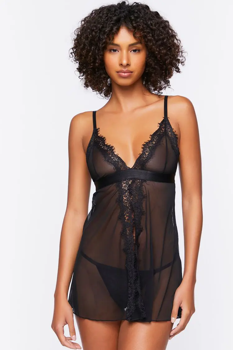 Forever 21 Forever 21 Mesh Cami &amp; Thong Lingerie Set Black. 1