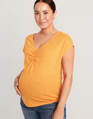 Maternity Linen-Blend V-Neck Shirred T-Shirt multi