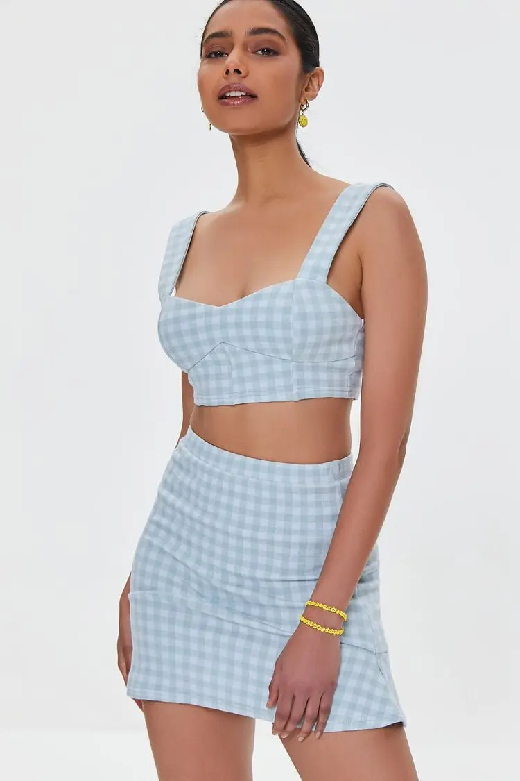 Forever 21 Forever 21 Gingham Crop Top &amp; Mini Skirt Set Blue/Multi. 1