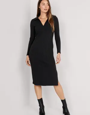 Old Navy Fitted Rib-Knit Midi Polo Dress for Women black