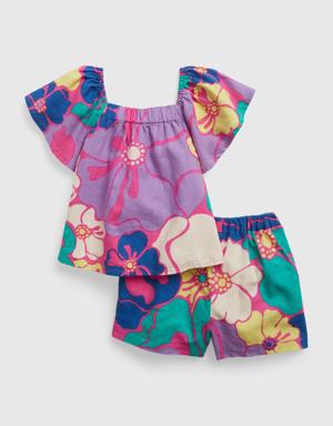 Toddler Linen-Cotton Flutter Sleeve Outfit Set multi