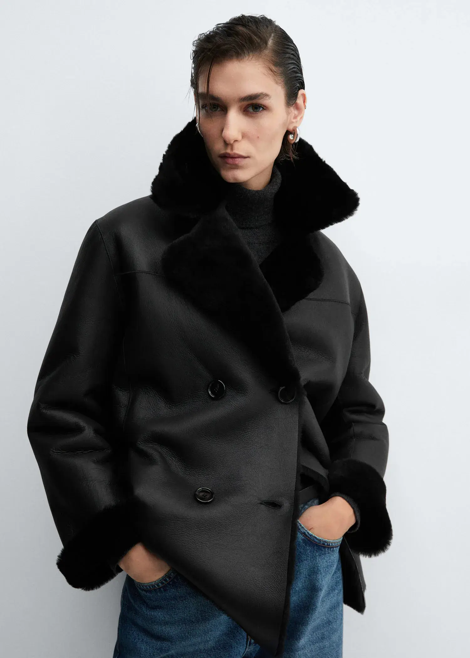 Mango Shearling-lined leather jacket. 1