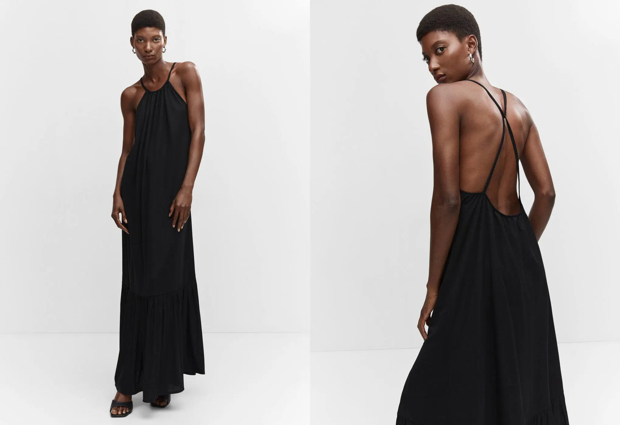 Mango Cross-back maxi-dress. a woman in a black dress standing in front of a wall. 