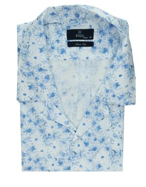 Koyu Mavi Kısa Kol Baskılı Apaş Yaka %100 Pamuk Slim Fit Dar Kesim Casual Gömlek 1004210300