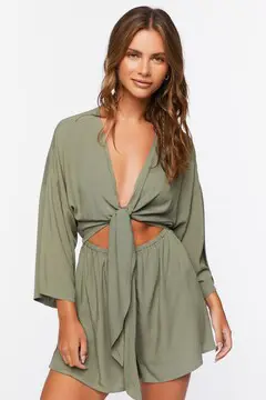 Forever 21 Forever 21 Tie Front Cutout Romper Olive. 2