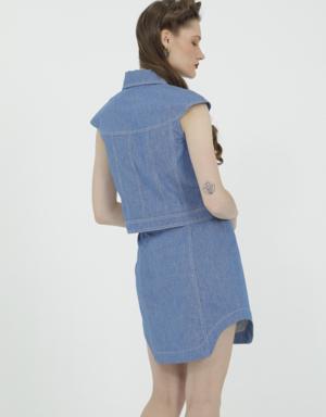 Gizia Blue Mini Skirt With Buttons On The Front With Side Window Detail. 3 Gizia Blue Mini Skirt With Buttons On The Front With Side Window Detail. 3