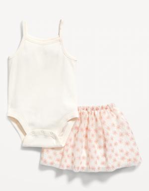 Sleeveless Rib-Knit Bodysuit & Printed Tulle Tutu Skirt Set for Baby white