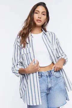 Forever 21 Forever 21 Striped Curved Hem Shirt White/Navy. 2