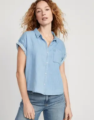 Short-Sleeve Oversized Jean Shirt for Women blue