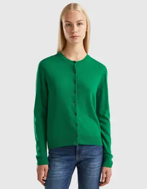 forest green crew neck cardigan in pure merino wool