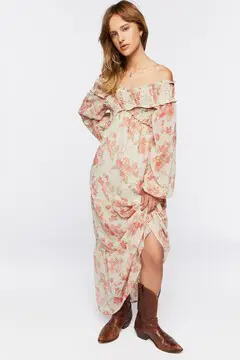 Forever 21 Forever 21 Floral Off the Shoulder Maxi Dress Beige/Multi. 2