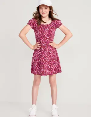 Printed Puff-Sleeve Fit & Flare Dress for Girls red