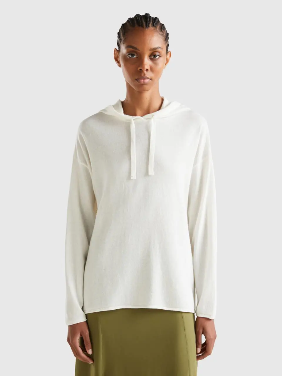 Benetton cream white cashmere blend sweater with hood. 1