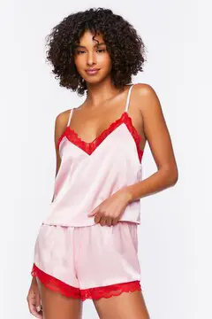 Forever 21 Forever 21 Satin Lace Trim Cami &amp; Shorts Pajama Set Pink/Red. 2