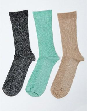 3 lü Paket Simli Kadın Soket Çorap Desenli