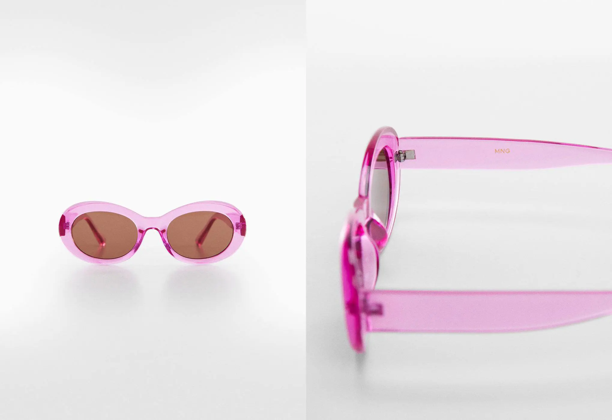 Mango Semi-transparent frame sunglasses. a pair of pink sunglasses sitting on top of a table. 