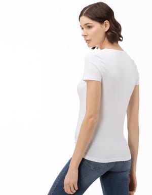 Kadın Slim Fit V Yaka Beyaz T-Shirt