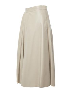 A Beige Leather Skirt With Pleating On The Left Side And An Asymmetric Design