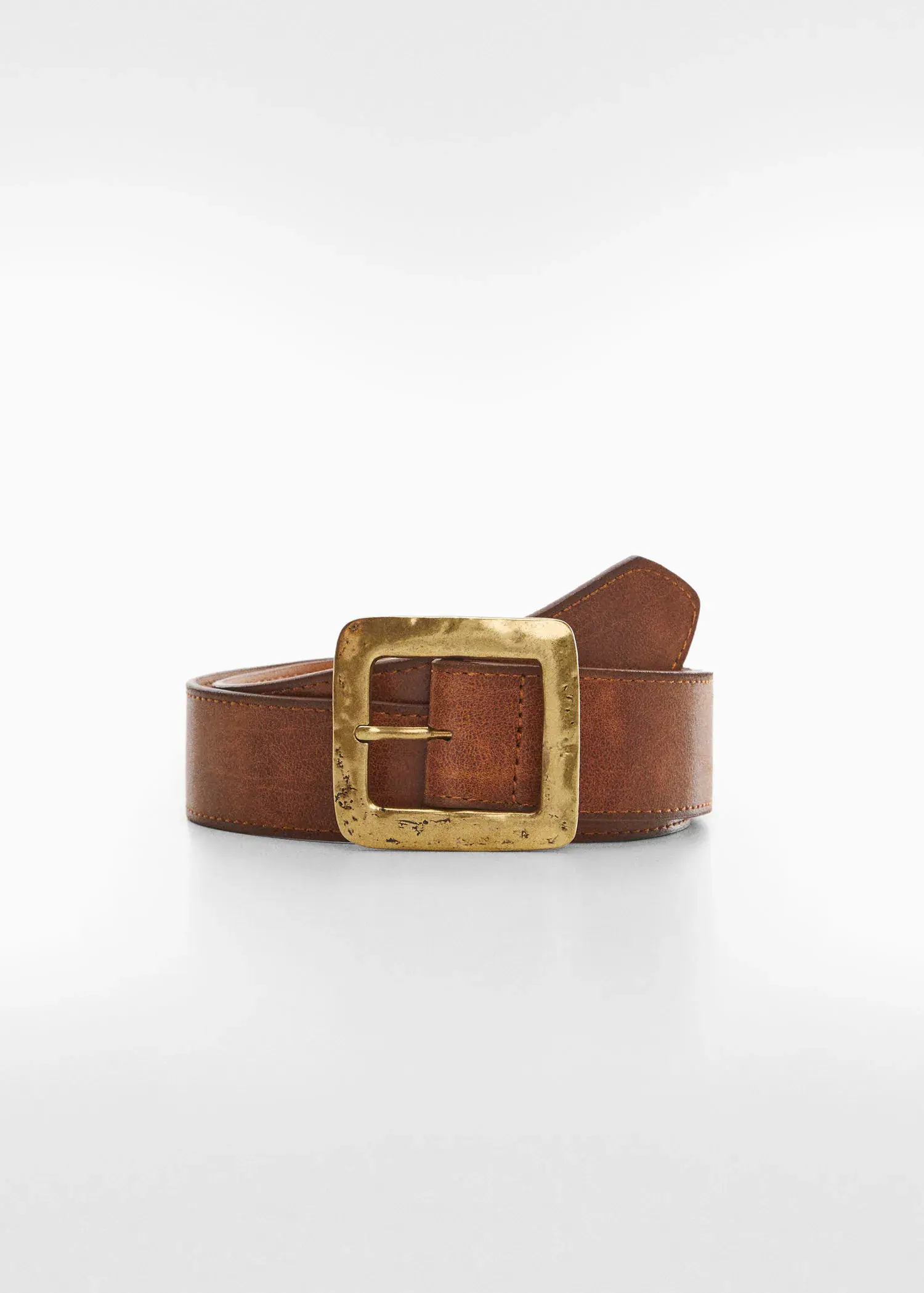Mango Textured square buckle belt. a brown leather belt with a gold buckle. 
