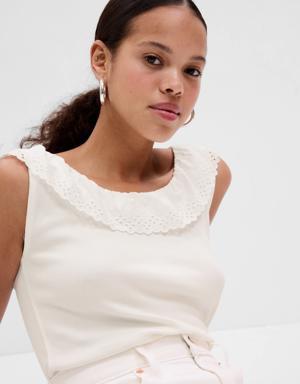 Eyelet Ruffle Neck Rib Tank Top white