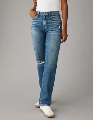 American Eagle Stretch Super High-Waisted Ripped Straight Jean. 1
