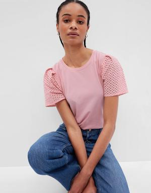 Gap 100% Organic Cotton Vintage Eyelet Puff Sleeve T-Shirt pink