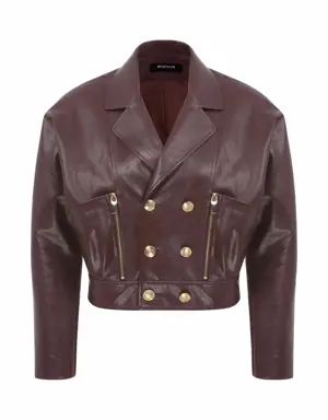 Brown Leather Jacket With Gold Button - 4 / Brown