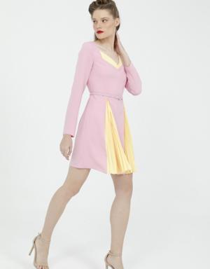 Pink Mini Dress With Slits With Contrasting Neckline Detail
