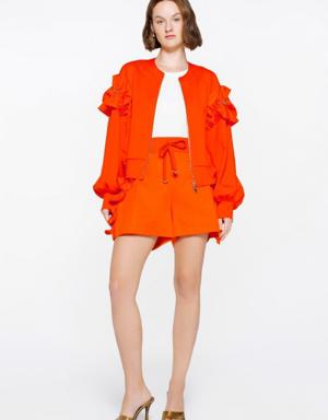 Orange Jacket with Flounce Detail Zipper And Embroidery On The Sleeve