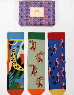 3'lü Paket Art Jungle Box Unisex Soket Çorap Desenli