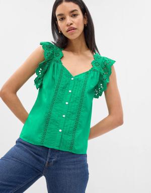 Gap Ruffle Sleeve Eyelet Shirt green