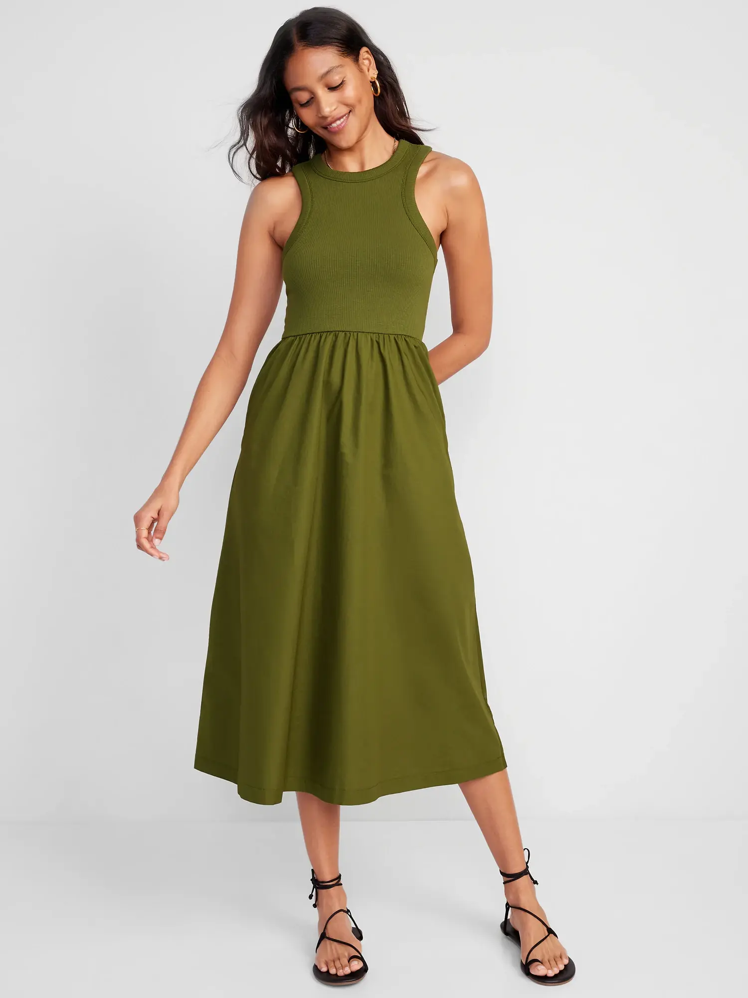 Old Navy Fit & Flare High-Neck Combination Midi Dress for Women green. 1