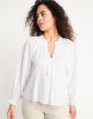 Oversized Long-Sleeve Smocked Linen-Blend Top for Women white