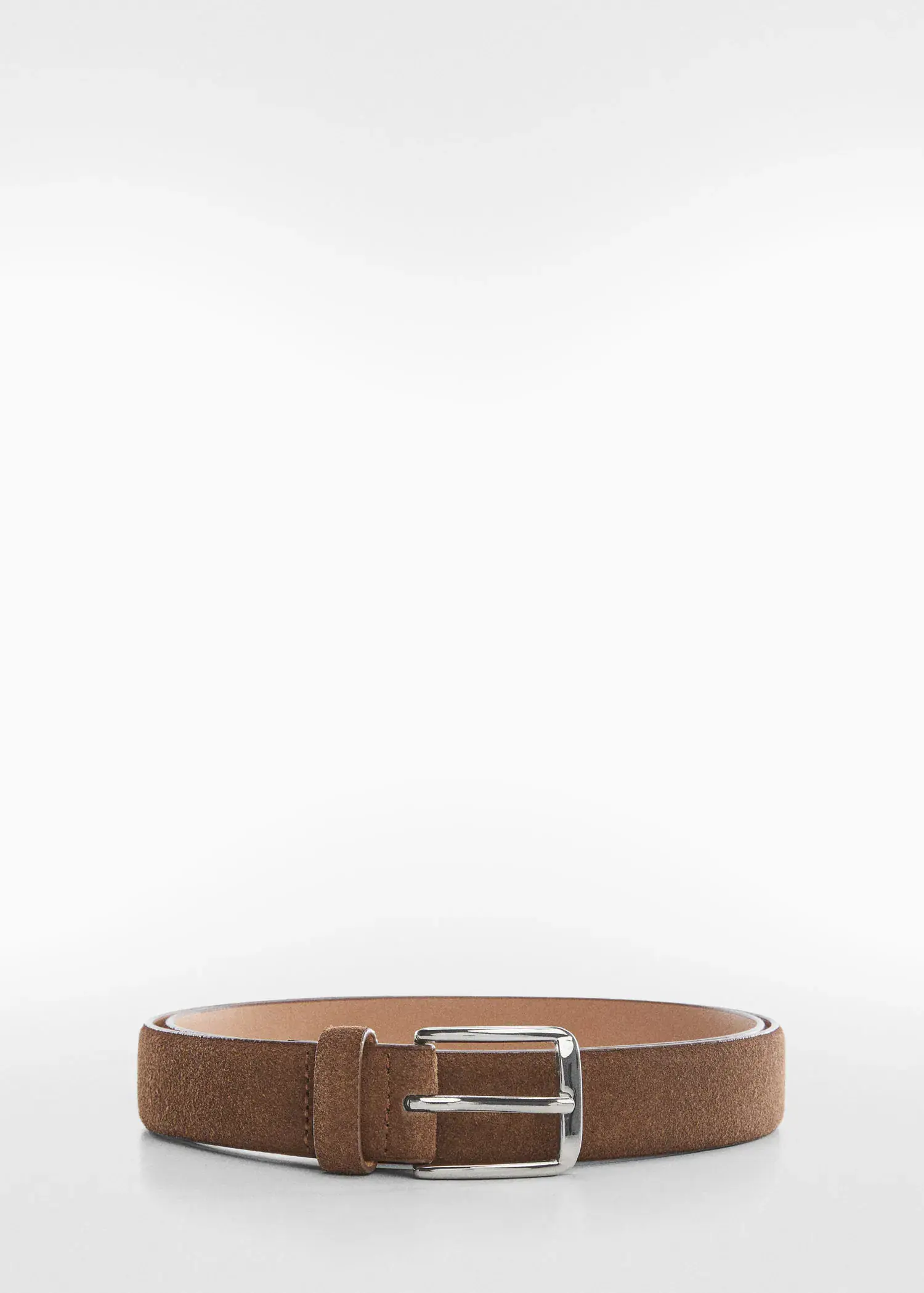 Mango Suede belt. a brown belt with a silver buckle on a table. 