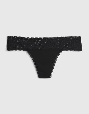 Organic Stretch Cotton Lace-Trim Thong black