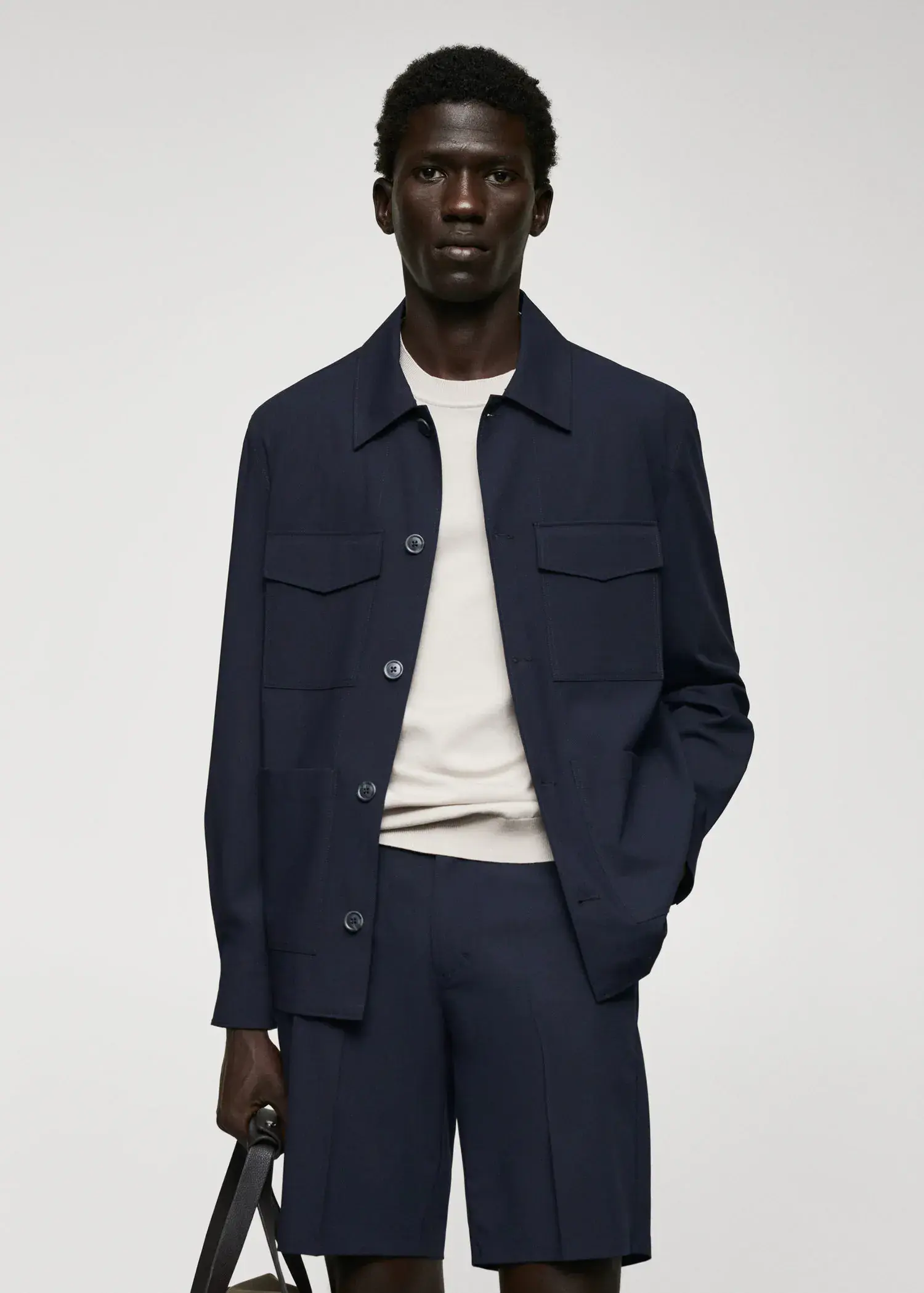 Mango Lightweight pocket jacket. a man wearing a navy blue jacket and a white shirt. 
